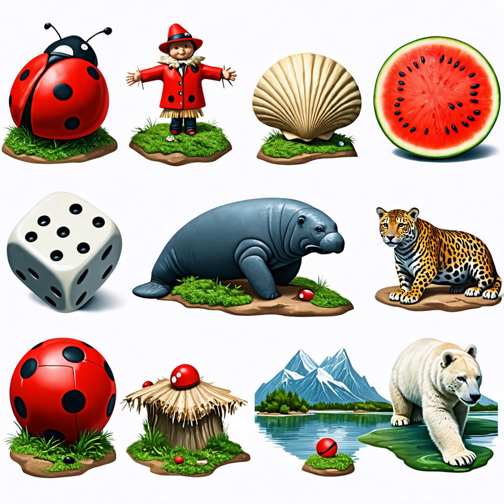 ladybug, scarecrow, seashell, manatee, watermelon, dice, jaguar, ball, lake, polar bear